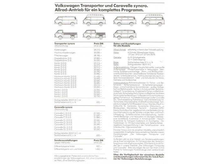Transporter, Syncro And Caravelle Price List 1986