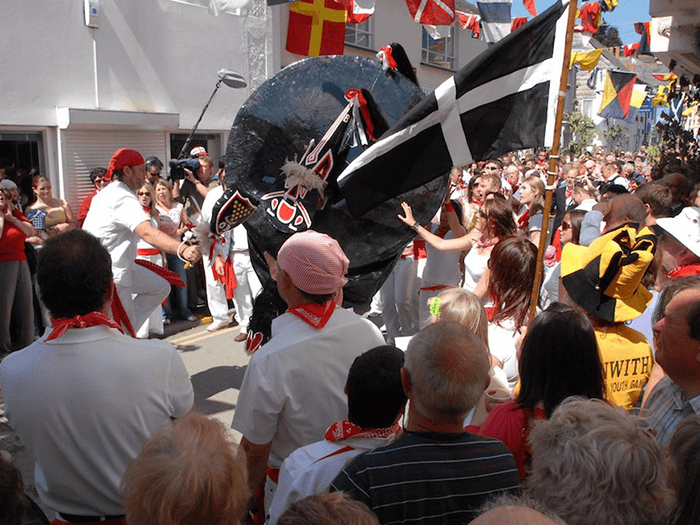 A photo of the action from Padstow's traditional Obby Oss Festival