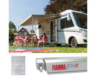 Fiamma F80s 340 awning with Titanium Case and Royal Grey Canopy