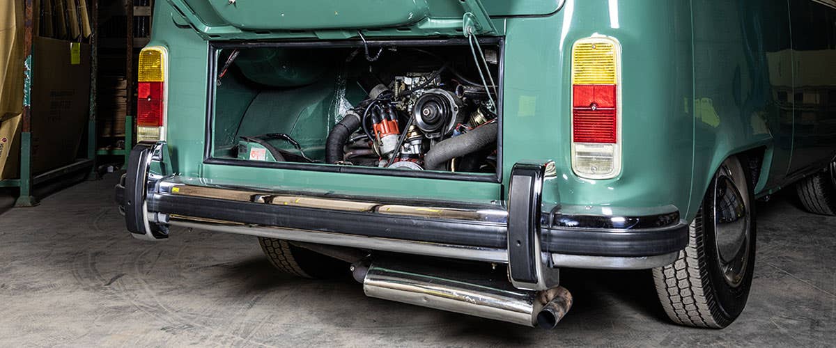 The engine of a VW T2 Bay, taken at Just Kampers