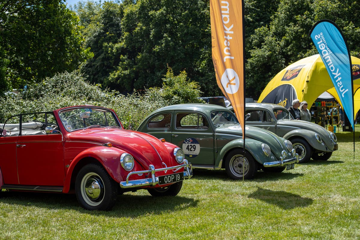Mark's 1967 Beetle Cabriolet, JK's 1956 Oval Beetle, and Chet's 1956 Gasser. Image by Nick Proctor from the JK Team