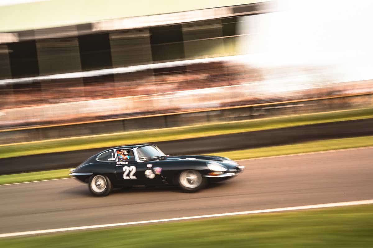 Jaguar E-Type full speed into the final chicane