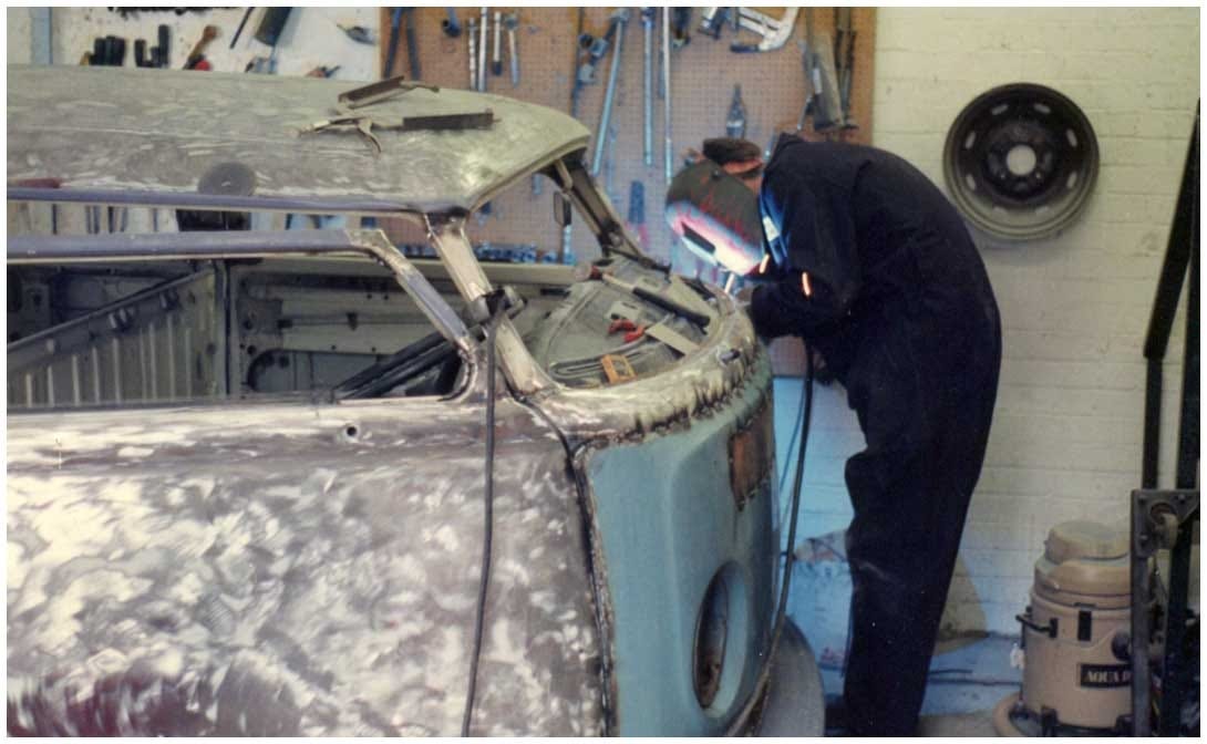 Pete welding a front panel onto the JK chopped crewcab "You couldn't buy them in those days so we just took one from an early bay and welded it in!"