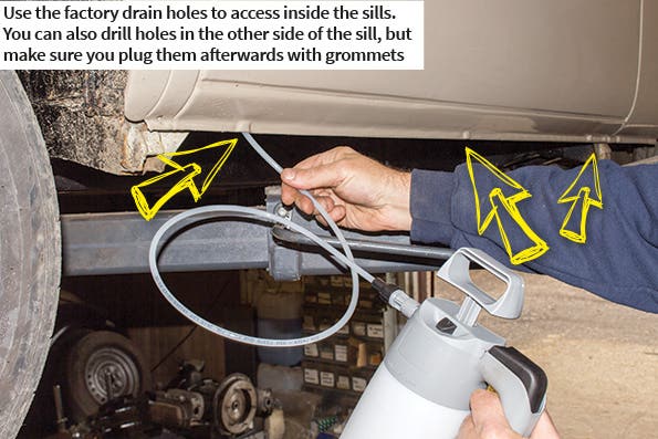 Use the factory drain holes to access inside the sills. You can also drill holes in the other side of the sill, but make sure you plug them afterwards with grommets