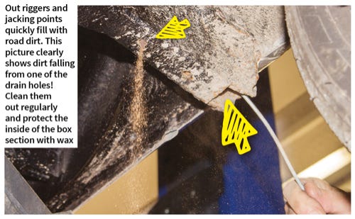 Out riggers and jacking points quickly fill with road dirt. This picture clearly shows dirt falling from one of the drain holes! Clean them out regularly and protect the inside of the box section with wax