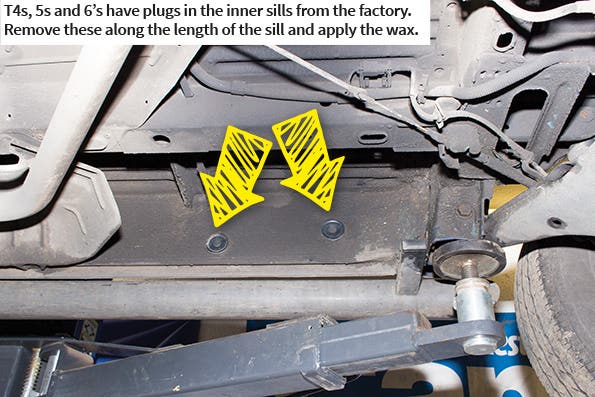 4s, 5s and 6’s have plugs in the inner sills from the factory. Remove these along the length of the sill and apply the wax.