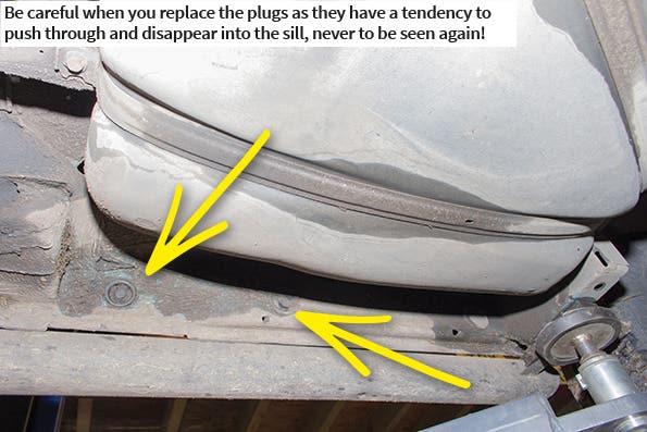 Be careful when you replace the plugs as they have a tendency to push through and disappear into the sill, never to be seen again! Be careful when you replace the plugs as they have a tendency to push through and disappear into the sill, never to be seen again!