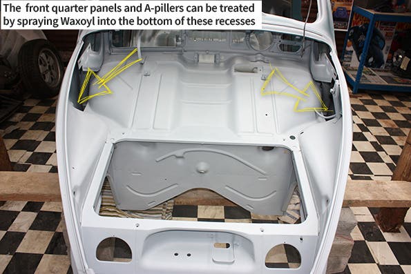 The front quarter panels and A-pillers can be treated by spraying Waxoyl into the bottom of these recesses The front quarter panels and A-pillers can be treated by spraying Waxoyl into the bottom of these recesses
