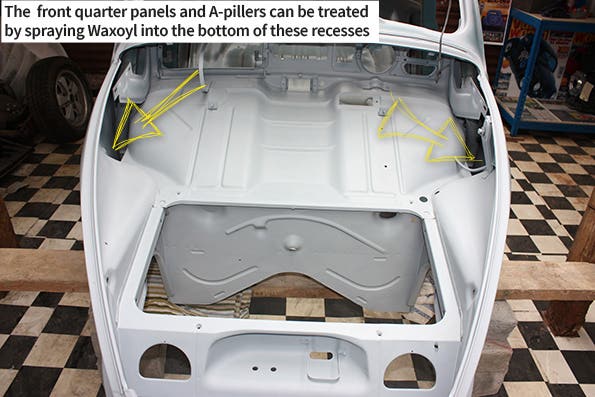 The front quarter panels and A-pillers can be treated by spraying Waxoyl into the bottom of these recesses