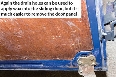 Again the drain holes can be used to apply wax into the sliding door, but it’s much easier to remove the door panel Again the drain holes can be used to apply wax into the sliding door, but it’s much easier to remove the door panel