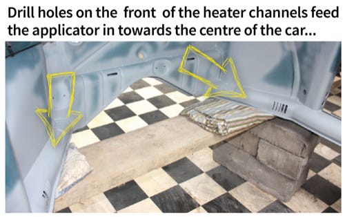 Drill holes on the front of the heater channels feed the applicator in towards the centre of the car...